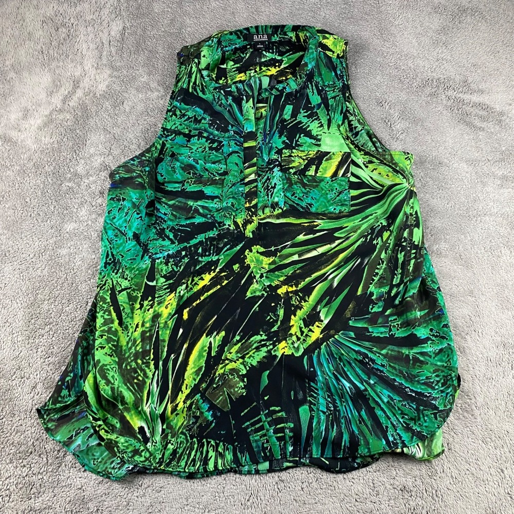 A.N.A Short Sleeve Blouse Shirt Black Green Polyester Pockets Size Large